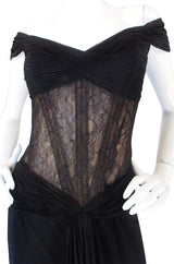 1980s Vicky Tiel Couture Black Silk Net & Lace Corset Gown