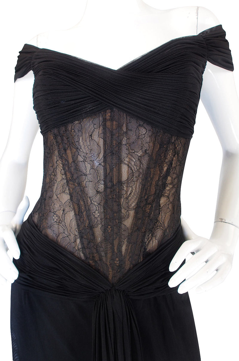 1980s Vicky Tiel Couture Black Silk Net & Lace Corset Gown