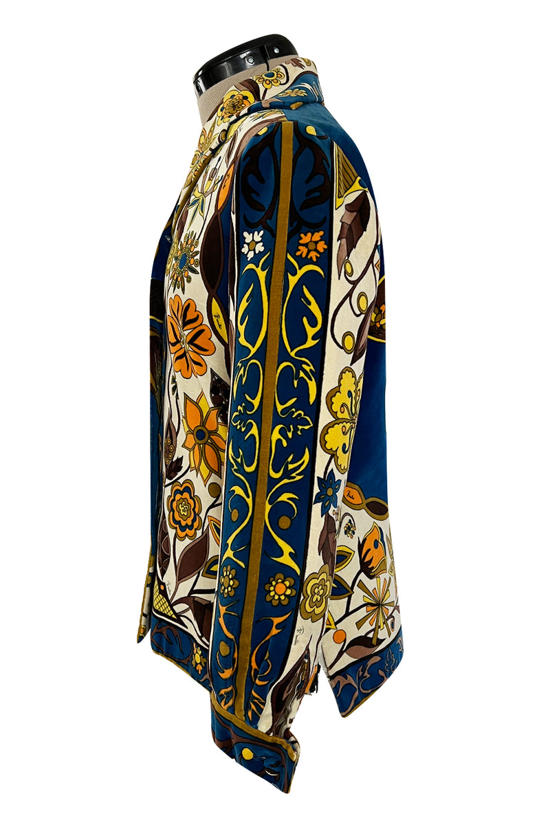 1960s Emilio Pucci Ivory, Yellow, Tan & Deep Blue Print Cotton Velvet Jacket