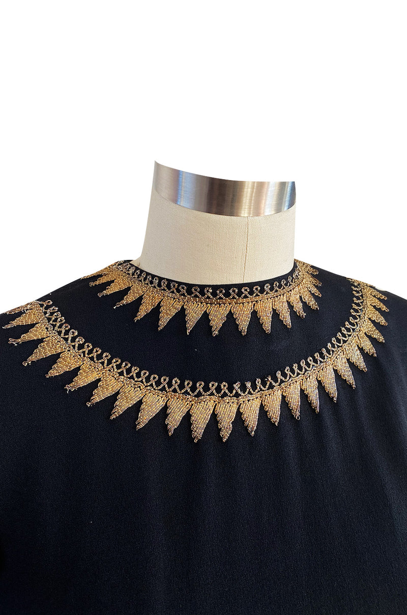 1980s Upcycled 1940s Renee Lewis Couture Hand Gold Embroidered Black Silk Crepe Top