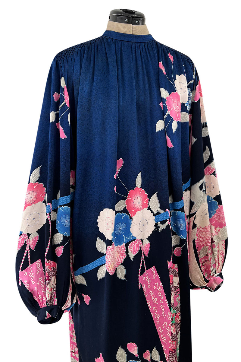 Incredible 1970s Hanae Mori Finest Possible Blue Silk Caftan Dress w Pink Floral Print
