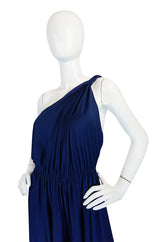 1970s Saks Youth Dimension Backless Jersey One Shoulder Blue Dress