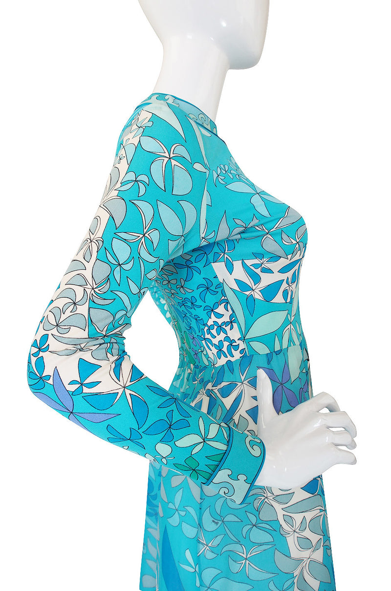 1970s Turquoise Blue Silk Bessi Maxi Dress