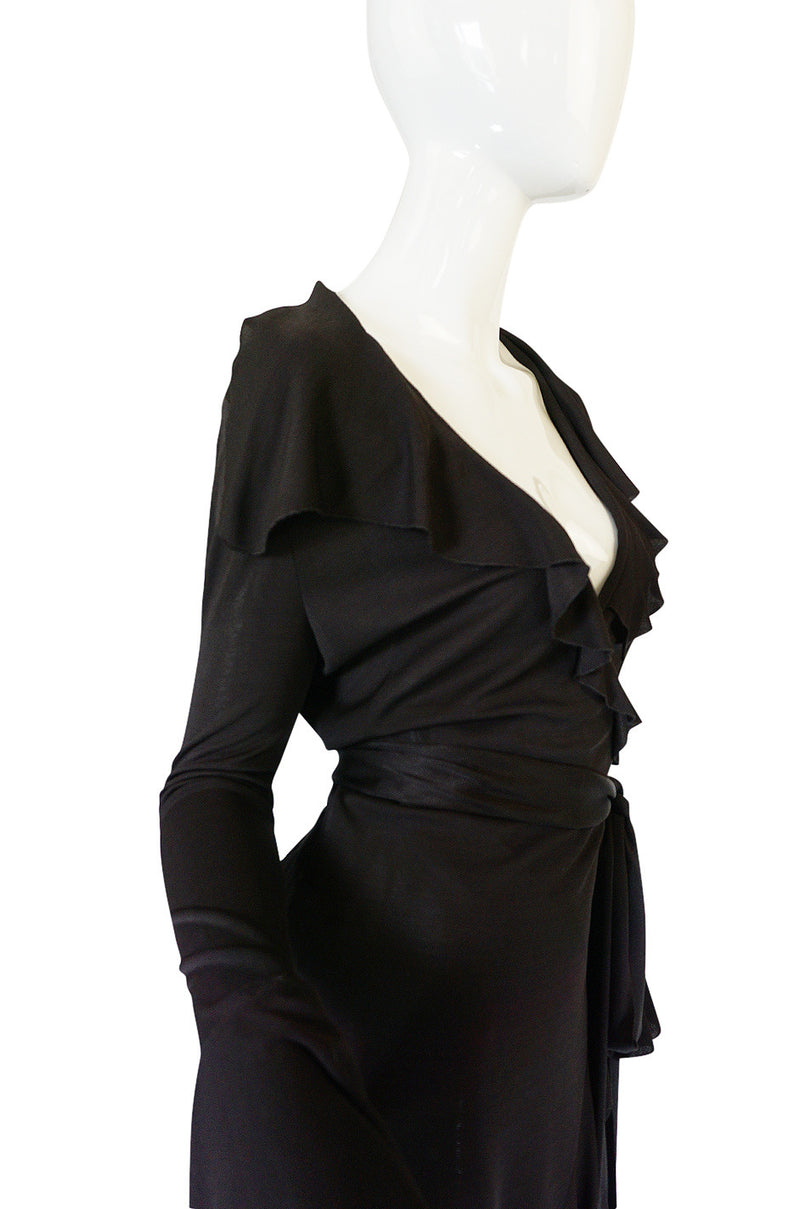 1990s Chocolate Givenchy Wrapped Ruffled Jersey Dress