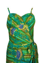 1950s Mildreds of Hawaii Green & Blue Print Cotton Summer Dress