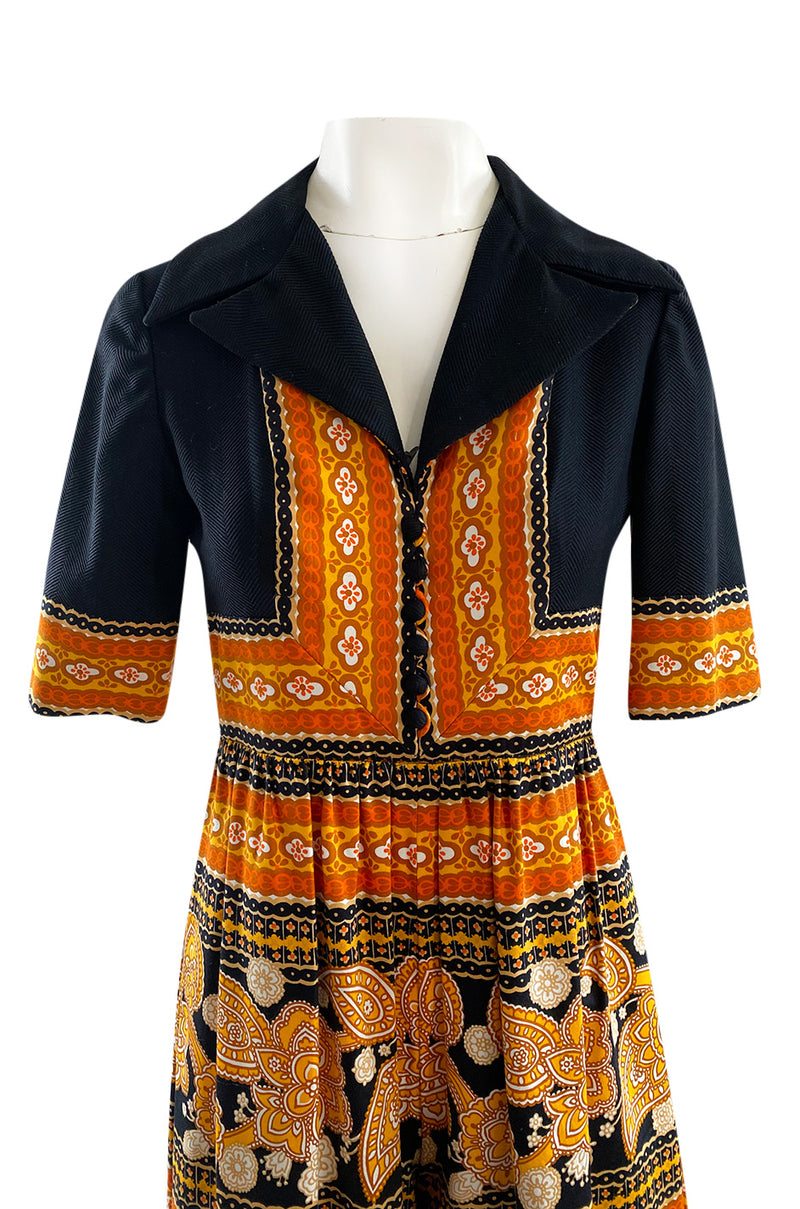 Late 1960s Oscar de la Renta Printed Orange & Black Jumpsuit w Extra Wide Side Slit Legs