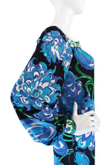 1970s Blue Print Silk Jersey Pucci Caftan Dress