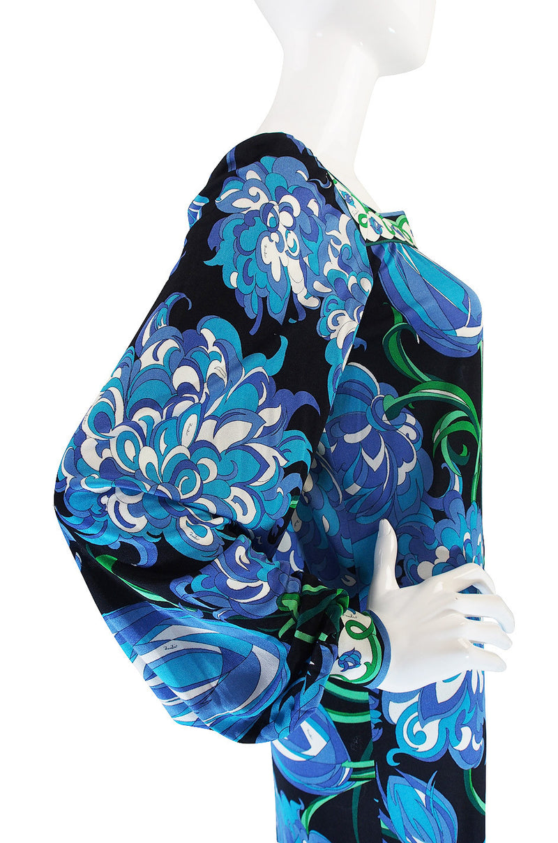 1970s Blue Print Silk Jersey Pucci Caftan Dress
