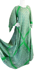 1970s Green Print Bandanna Scarf Cotton Caftan Dress