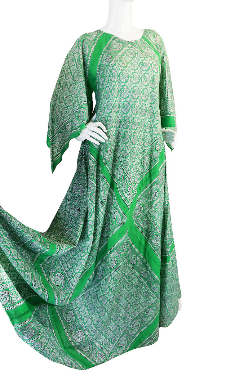 1970s Green Print Bandanna Scarf Cotton Caftan Dress