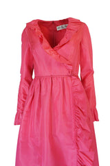 1970s Mollie Parnis Pink Silk Taffeta Dress w Ruffle Detailing