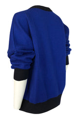 1980s Yves Saint Laurent Oversized Eagle Print Blue Wool Sweater