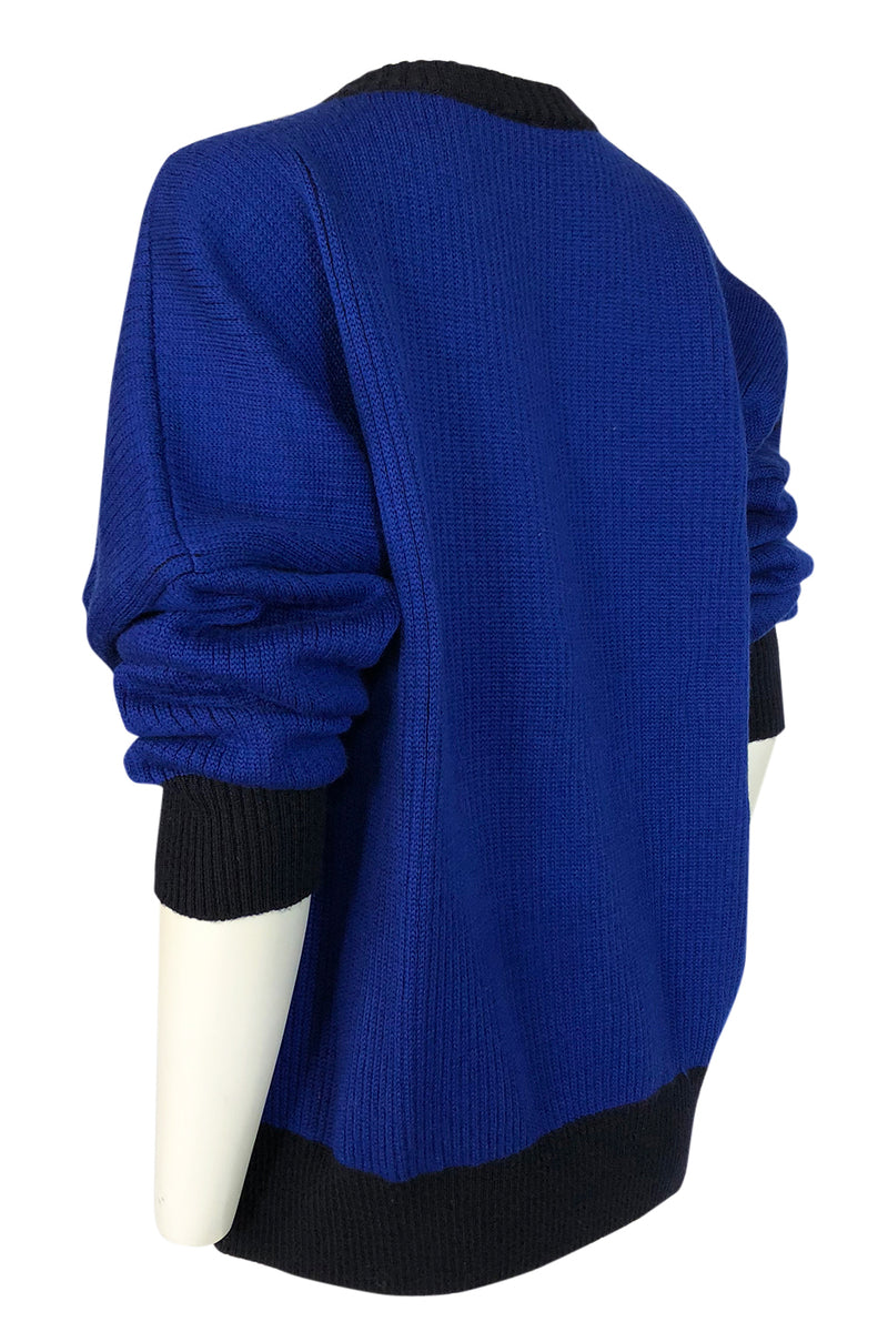 1980s Yves Saint Laurent Oversized Eagle Print Blue Wool Sweater