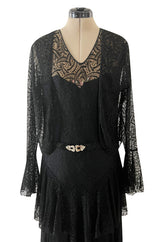 Light as Air Late 1920s Unlabeled Fine Black Lace Dress w Matching Jacket & Rhinestone BuckleBelt