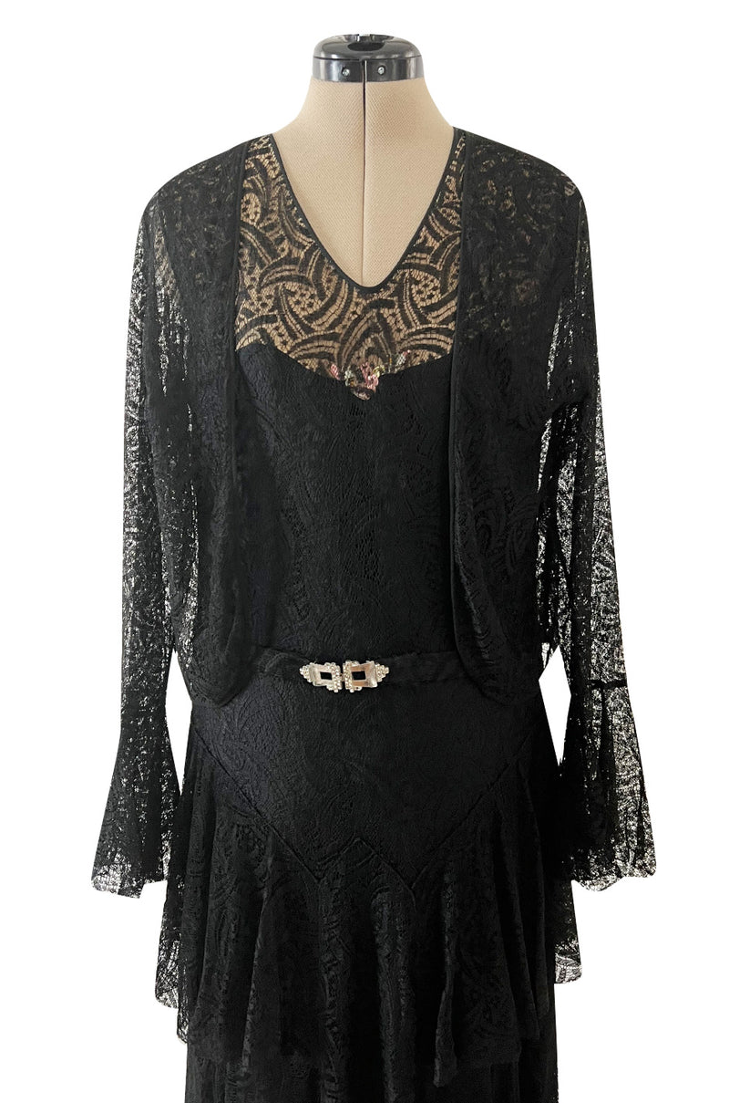 Light as Air Late 1920s Unlabeled Fine Black Lace Dress w Matching Jacket & Rhinestone BuckleBelt