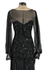 Gorgeous 1980s Loris Azzaro Black Silk Chiffon & Sequin Ribbon Detail Dress