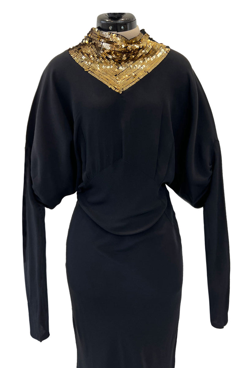 Fabulous 1930s Bias Cut Black Crepe w Gold Sequin Collar and Gold Metal Button Detail