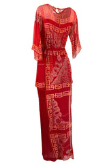 Fall 1979 Zandra Rhodes Book Piece 'Chinese Squares' Printed Red Silk Chiffon Dress