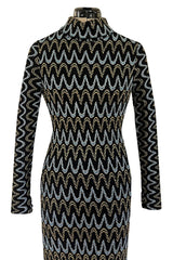 Incredible 1970s Loris Azzaro Metallic Silver & Gold Black On Black Knit Dress