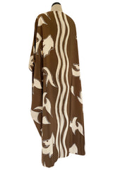 1980s Bill Blass Wavy Stripe & Abstract Print Pattern Soft Brown & Creamy Taupe Silk Caftan Dress