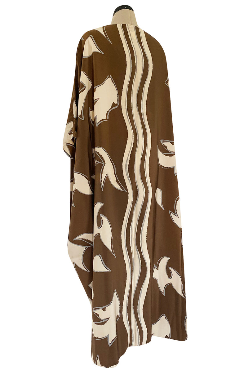1980s Bill Blass Wavy Stripe & Abstract Print Pattern Soft Brown & Creamy Taupe Silk Caftan Dress