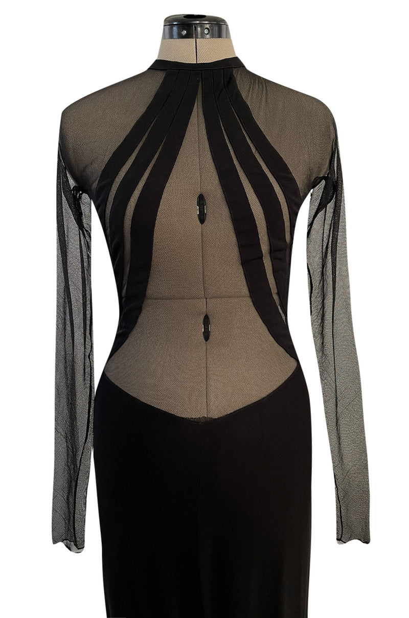 Spectacular 2005 John Anthony Couture Black Stretch Jersey Dress w Curved Netted Cut Outs