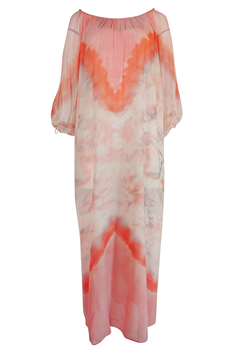 1970s Lillie Rubin Pink & Cream Tie Dye Silk Chiffon Dress