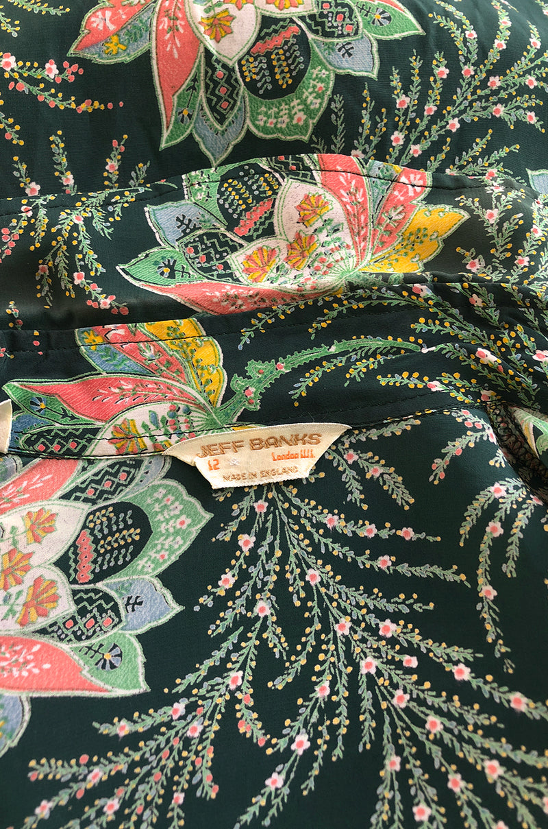 1970s Jeff Banks Green Floral Print Balloon Sleeve Silk Shirt