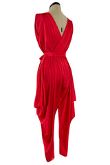 1980s Cattani Plunge Frint and Back Red Jersey Jumpsuit w Draped Legs