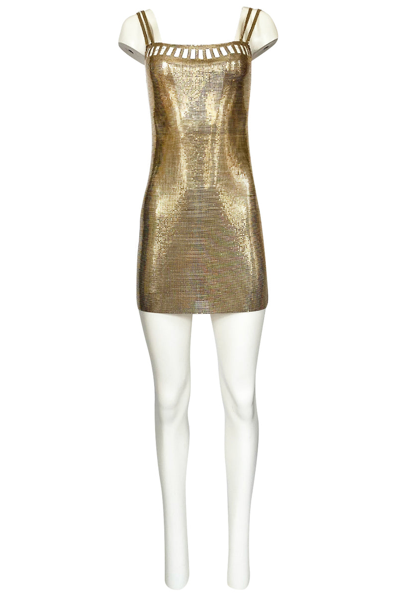 Original 1980s Paco Rabanne Oroton Gold Metal Mesh Backless Mini Dress