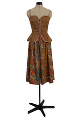 Documented Spring 1977 Yves Saint Laurent Iconic Laced Corset Top & Matching Printed Skirt