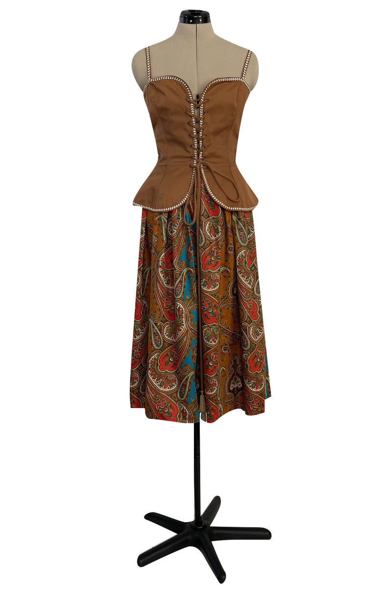 Documented Spring 1977 Yves Saint Laurent Iconic Laced Corset Top & Matching Printed Skirt