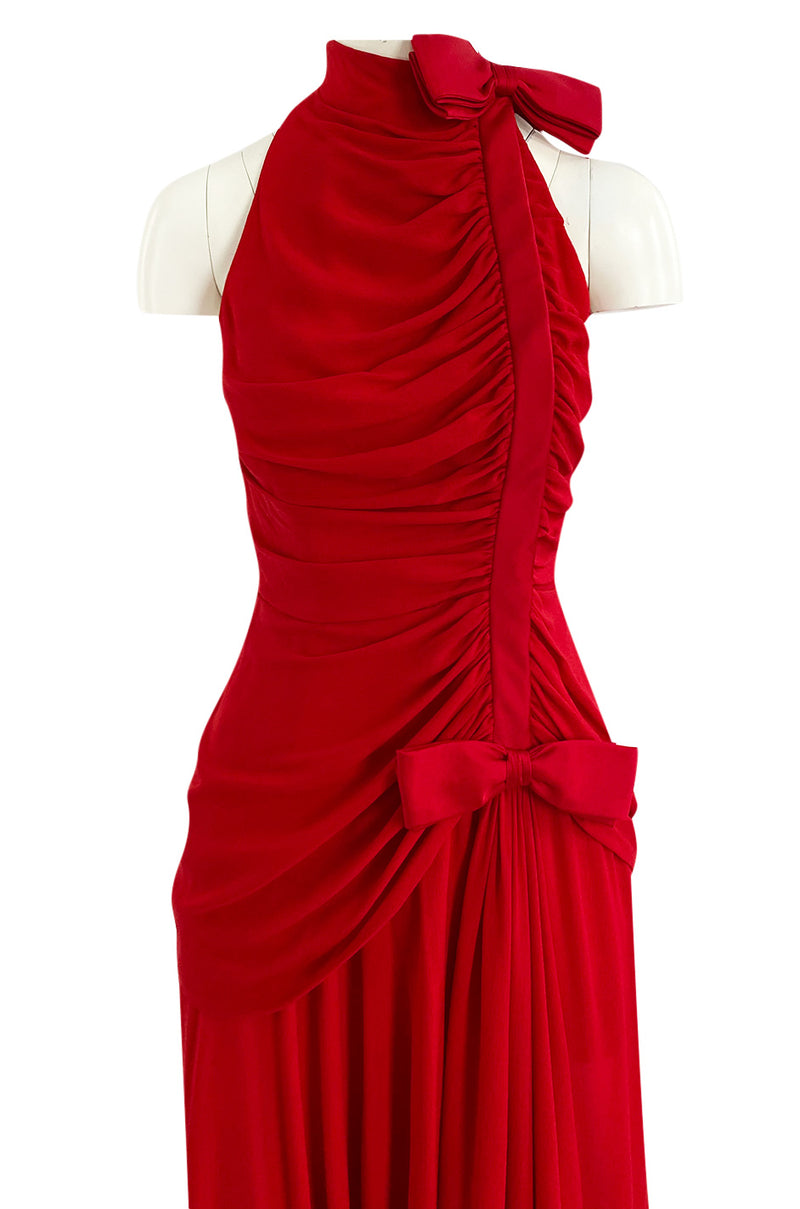 Documented Spring 1987 Valentino Haute Couture Red Silk Crepe Dress w Bow Details