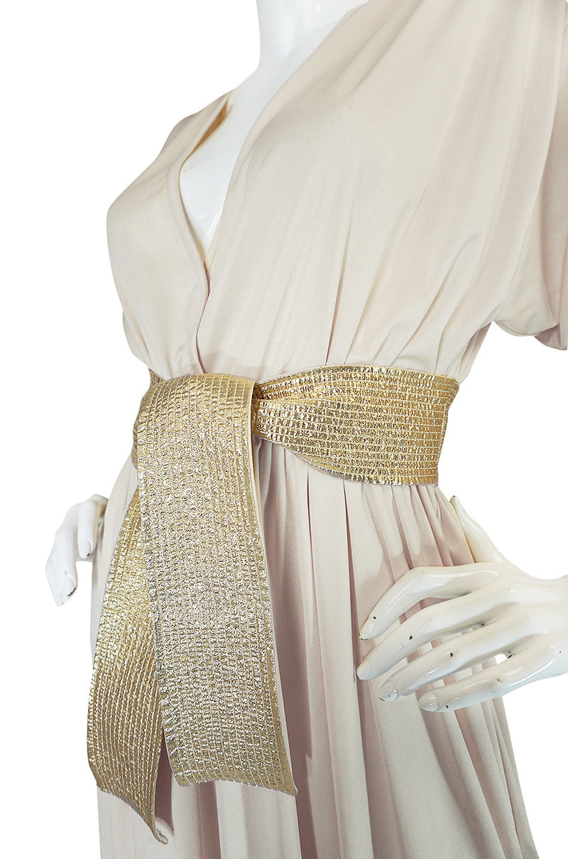 1970s Bill Tice Plunging  Cream & Gold Jersey Dress