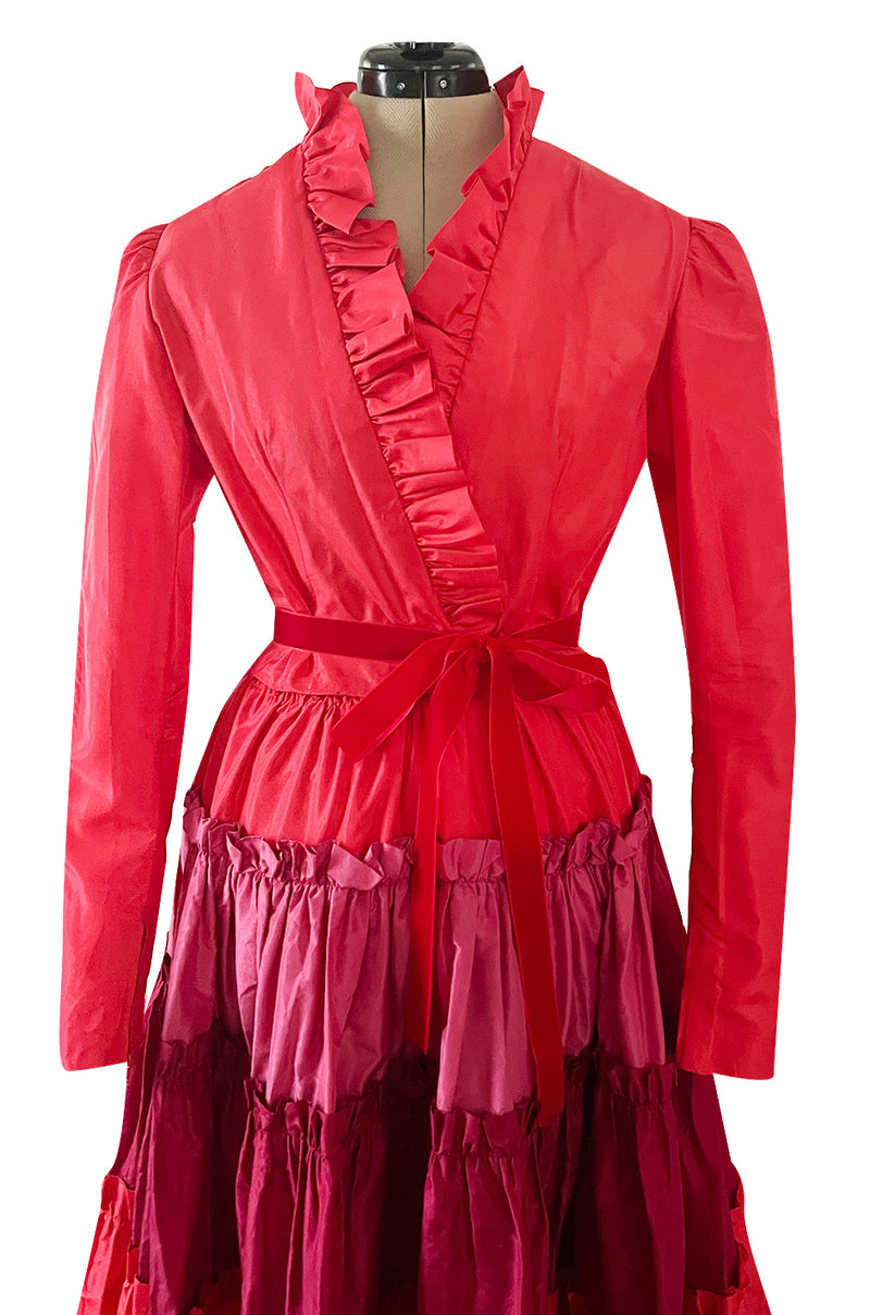 Fall 1973 Louis Mies Possible Yves Saint Laurent Haute Couture Pink & Red Tiered Silk Dress