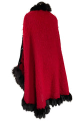 Fabulous 1970s Yves Saint Laurent Red Mohair Cape w Black Fox Fur Trim & Button Detailing