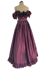 1970s Victor Costa Iridescent Deep Burgundy Purple Silk Taffeta Dress with Strapless Ruffled Neckline