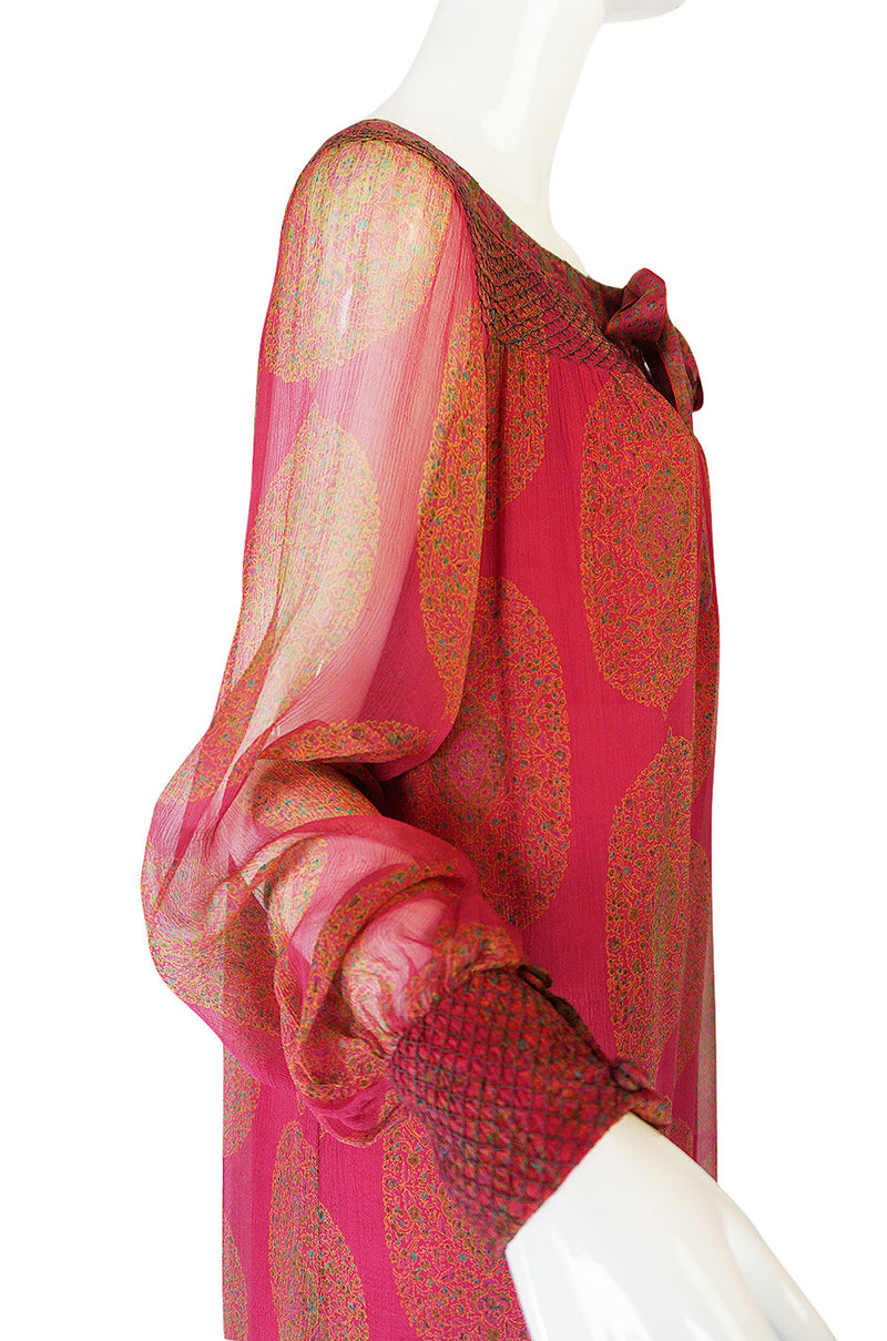 1970s Jeweled Hued Printed Silk Treacy Lowe Caftan Dress