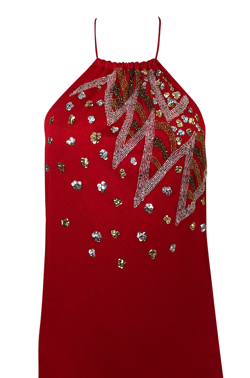 1970s Stephen Burrows Red Jersey Hand Beaded & Sequin Jersey Dress
