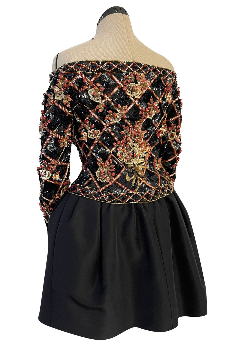 Elaborate 1987 John Anthony Couture Off Shoulder Mini Dress w Sequin Beading & Rosettes
