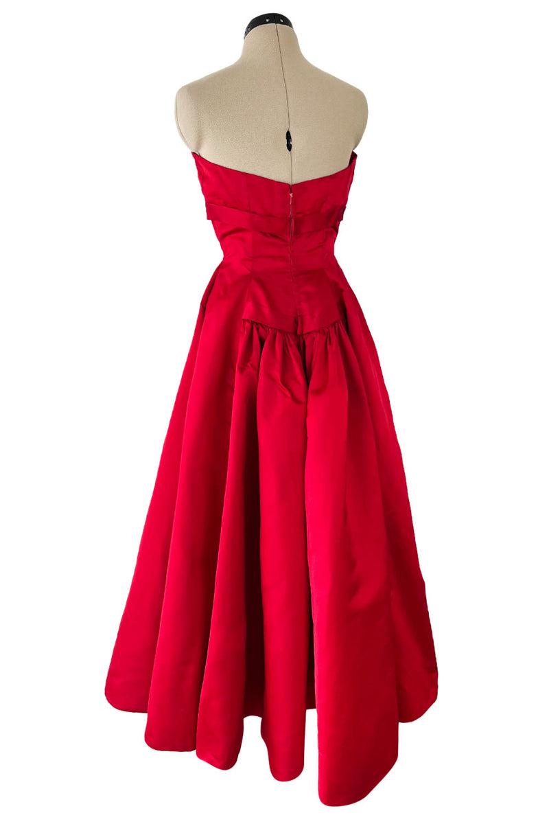Late 1940s, Early 1950s Strapless Red Silk Satin Full Skirt Dress w Rh Shrimpton Couture Late 1940s, Early 1950s Strapless Red Silk Satin Full Skirt Dress w Rh Shrimpton Couture
