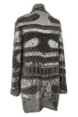 Sparkly Spring 1981 Halston Silver Sequin & Beaded Black Silk Chiffon Jacket