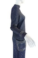 1970s Pauline Trigere Blue Lurex & Rhinestone Dress