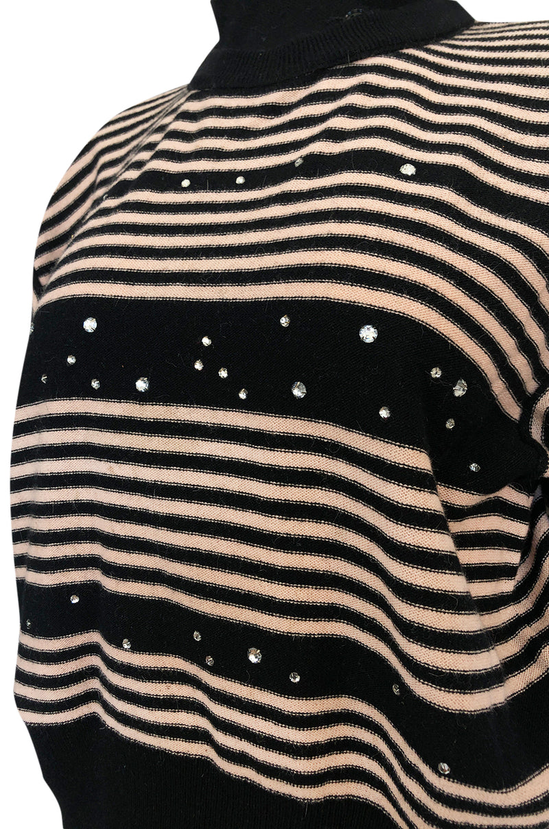 1980s Sonia Rykiel Pink & Black Sweater w Rhinestone Embelishments