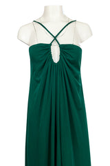 1970s Unlabeled Deep Emerald Green Jersey Halter Neck Dress
