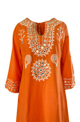 1960s Hand Applied Cord & Mirror Detailed Orange Cotton Caftan Dress