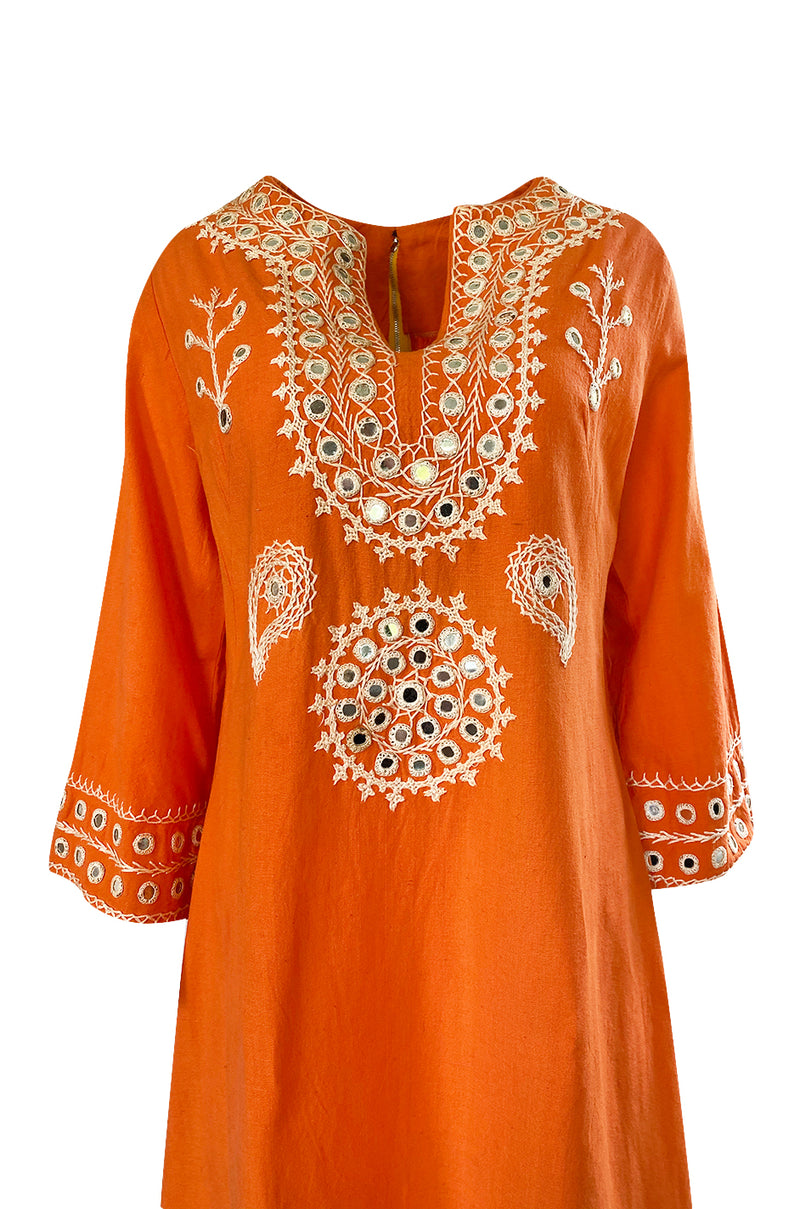1960s Hand Applied Cord & Mirror Detailed Orange Cotton Caftan Dress