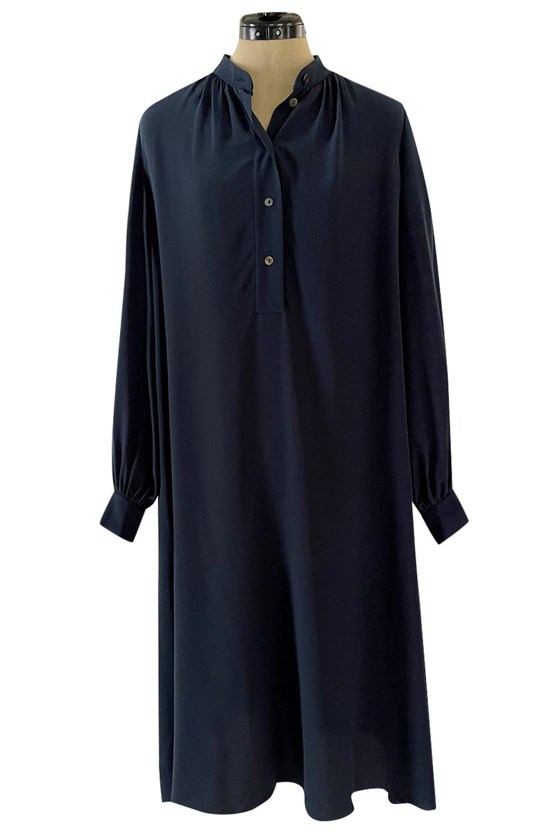 Early 2000s Lanvin by Alber Elbaz Deep Navy Blue Silk Shirt Dress W Extra Long Wrap Tie Belt