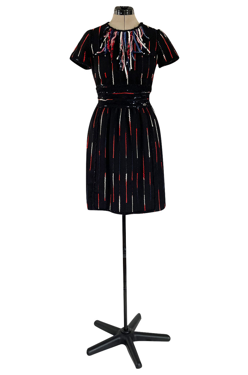 Iconic Fall 2010 Chanel by Karl Lagerfeld Look 21 Runway Black Knit Boucle Dress w Fringe Detailing