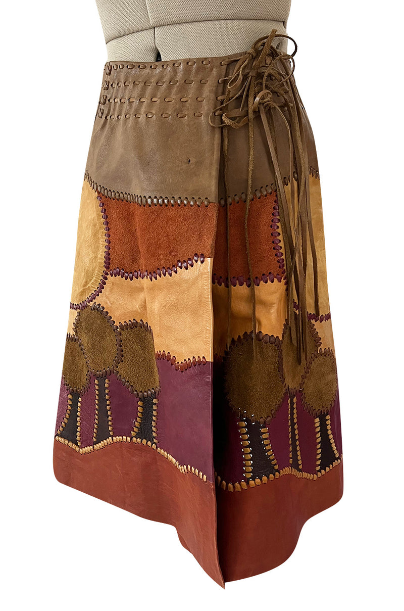 Extraordinary 1960s Char Hand Made Leather & Suede Wrap Scenic Patchwork Skirt